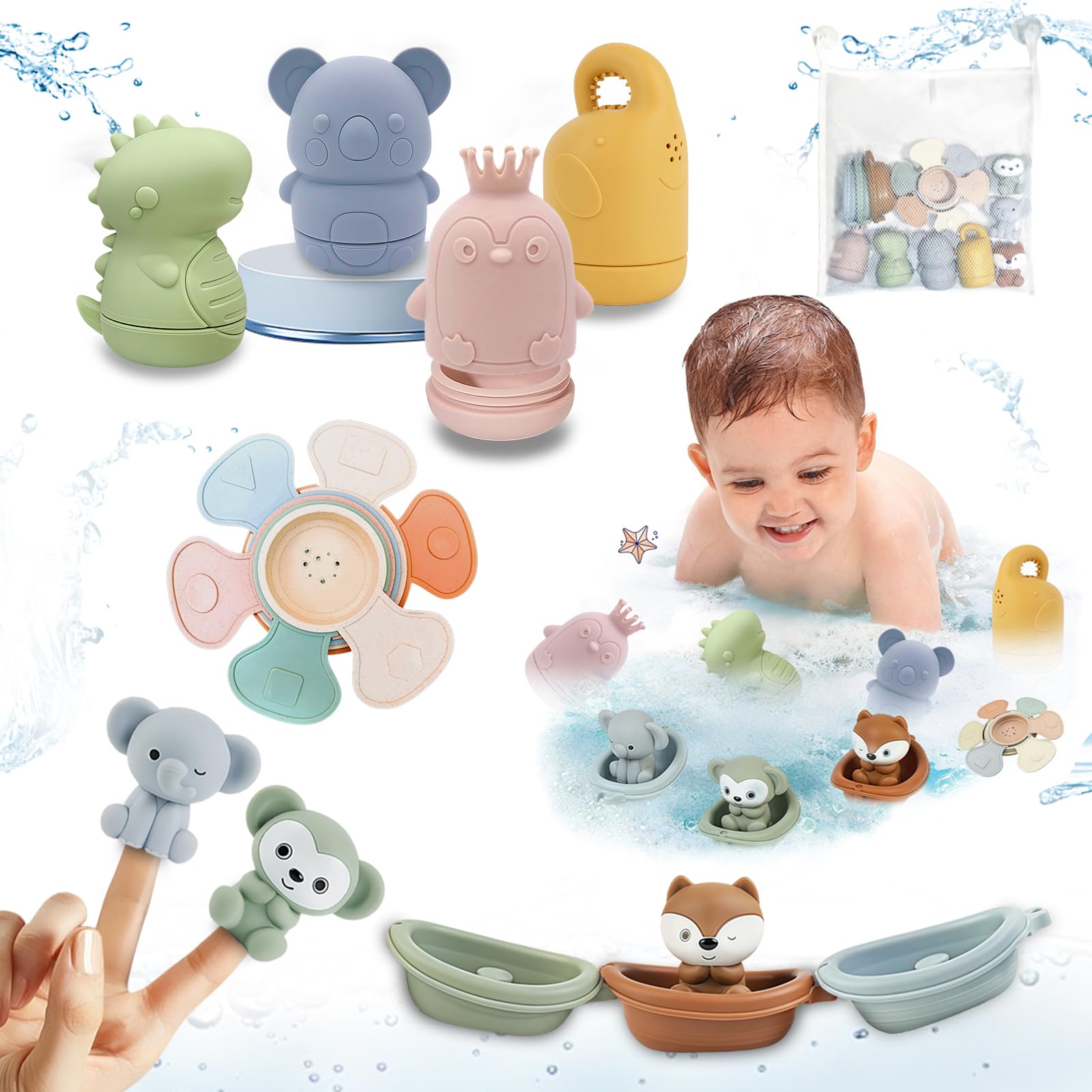 Jouet Bain Bébé, Lot de 16 Jouets de Bain Aspergeurs en Silicone, Jeux de Bain Bebe Animaux, Jouets pour Plage ou Plein Air, Jouets Empilables Enfant Jeux Educatif 1 2 3 Ans, Idéal Cadeaux pour Bébé
