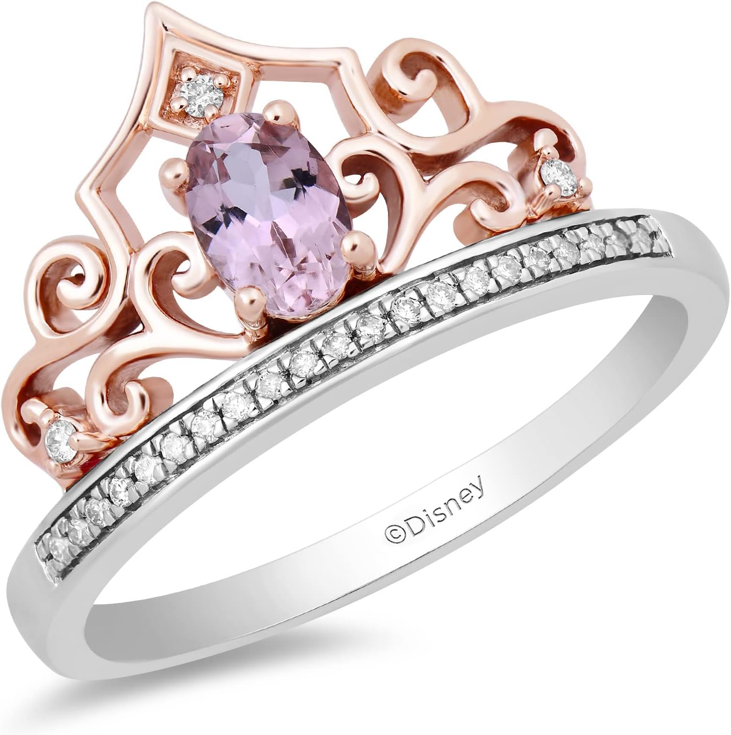 Jewelili Enchanted Disney Fine Jewelry Sterling Silver and 10K Rose Gold 1/10 Cttw Natural White Round Diamond and Pink Tourmaline Aurora Tiara Ring