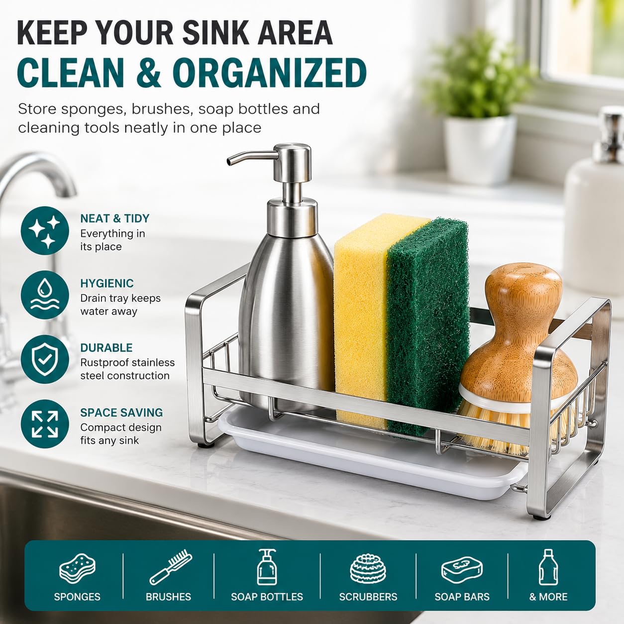 Zollyss Stainless Steel Kitchen Sink Caddy Organizer with Drain Tray | Countertop & Wall Mount Soap Sponge Holder | Rustproof Sink Organizer for Dish Brush, Soap Dispenser & Scrubber, Silver 1