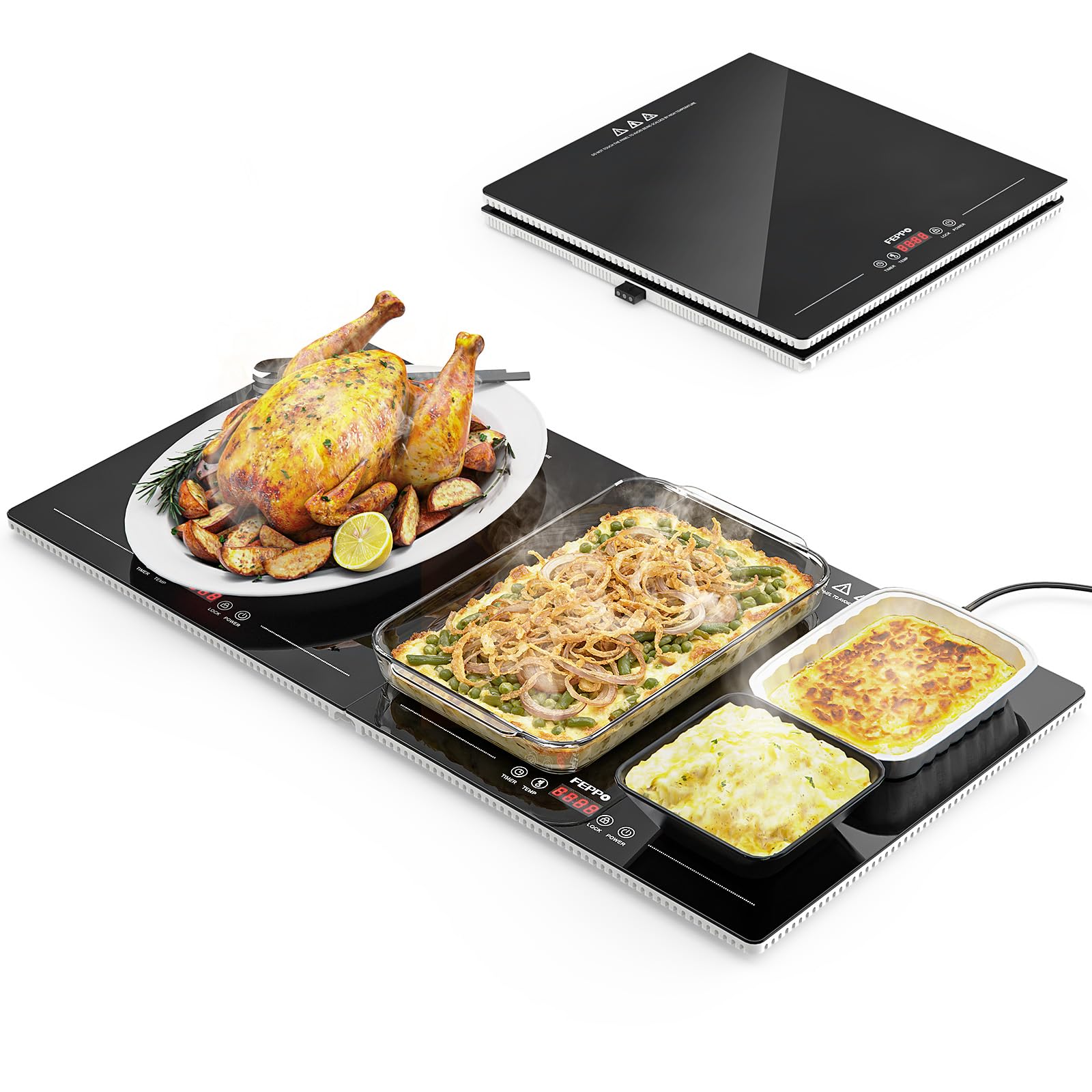 FEPPO Bandeja de calentamiento eléctrica con control independiente de temperatura y temporizador, calentador de alimentos modular 2 en 1 para fiestas, bufé, tapete de calentamiento de superficie de