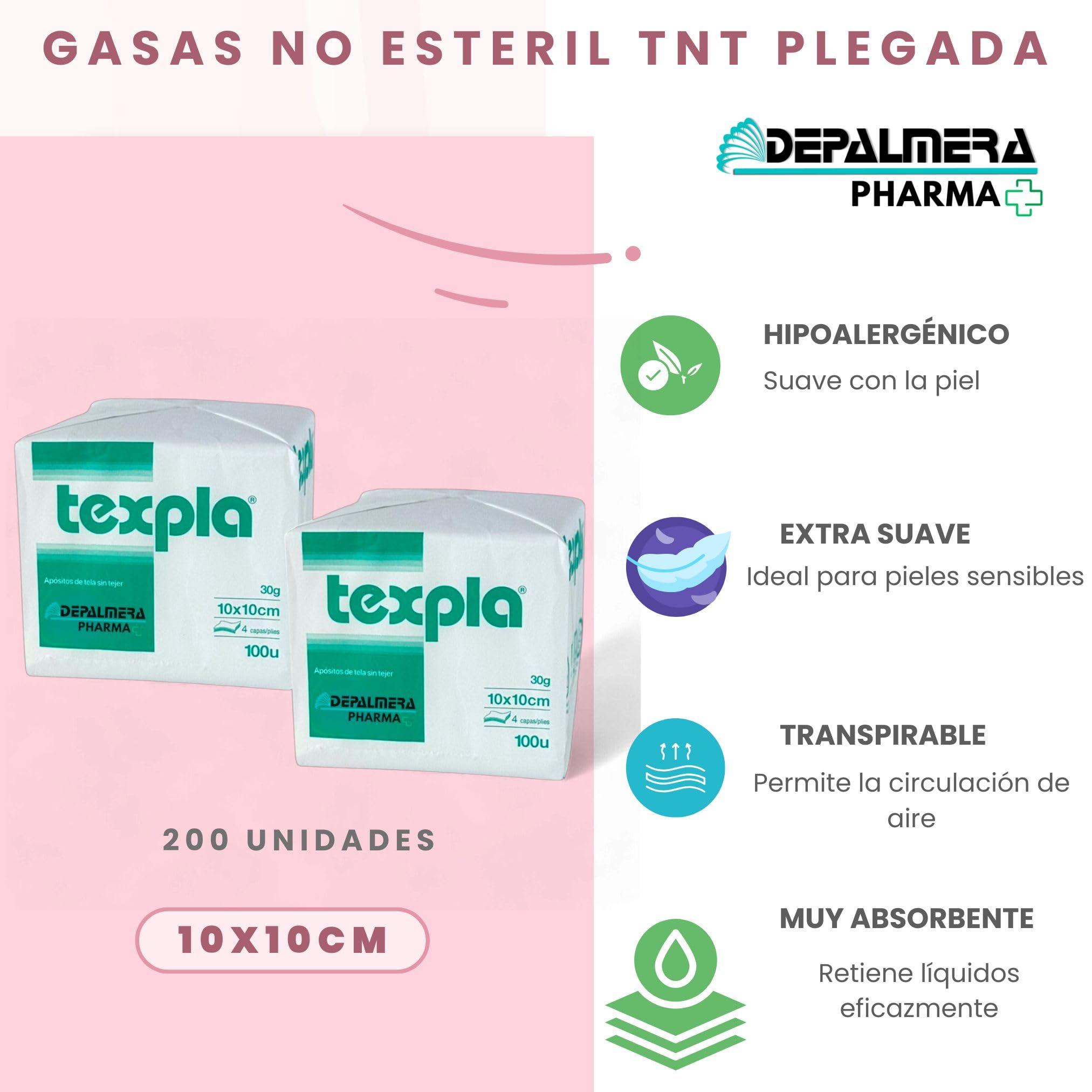 Pharma✙ Gasas No Esteril TNT Plegada - Pack 200 Unidades Gasa para Bebe, Clínica Dental, Fisioterapia, Podología, Veterinaria, Tatuaje, Desmaquillante (10x10cm)