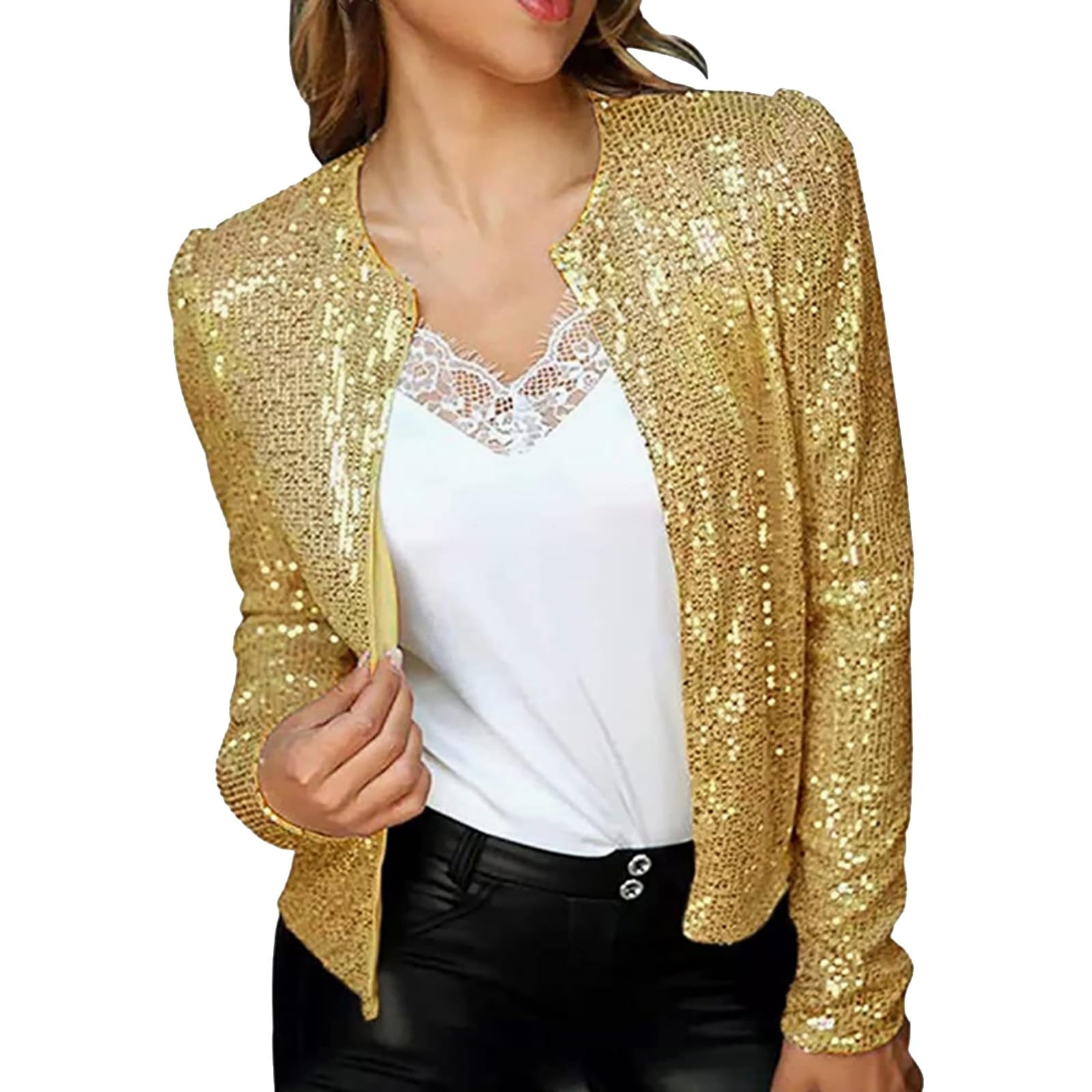 Sequin Jacket for Women Plus Size Sparkly Glitter Open Front Cropped Tops Shiny Bling Lightweight Long Sleeve Blazer