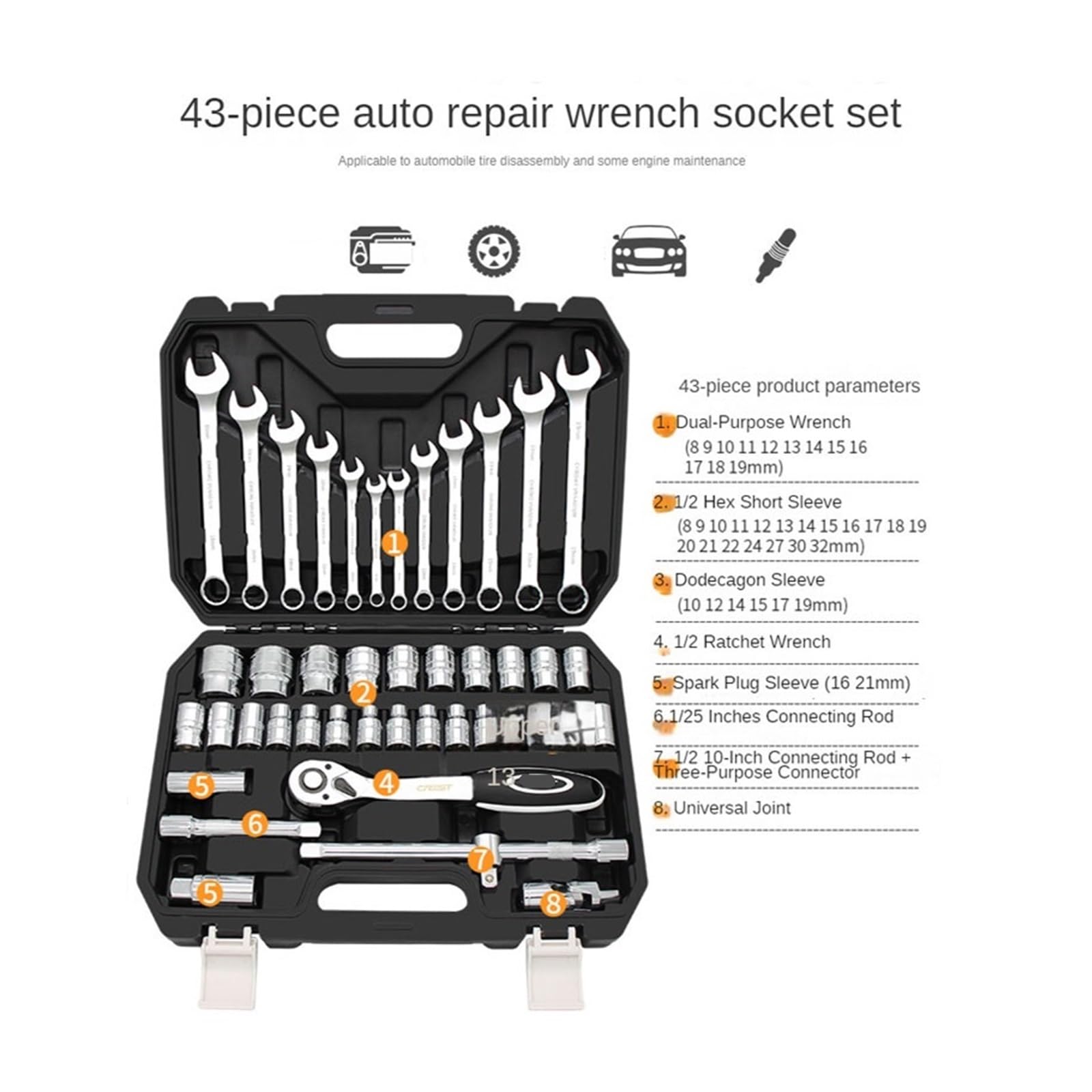 Kit di Riparazione Auto, Chiave a Bussola per Riparazione Auto, Cassetta degli Attrezzi Multifunzione, Set di Attrezzi per Riparazione Auto (Colore: 43 Pezzi)
