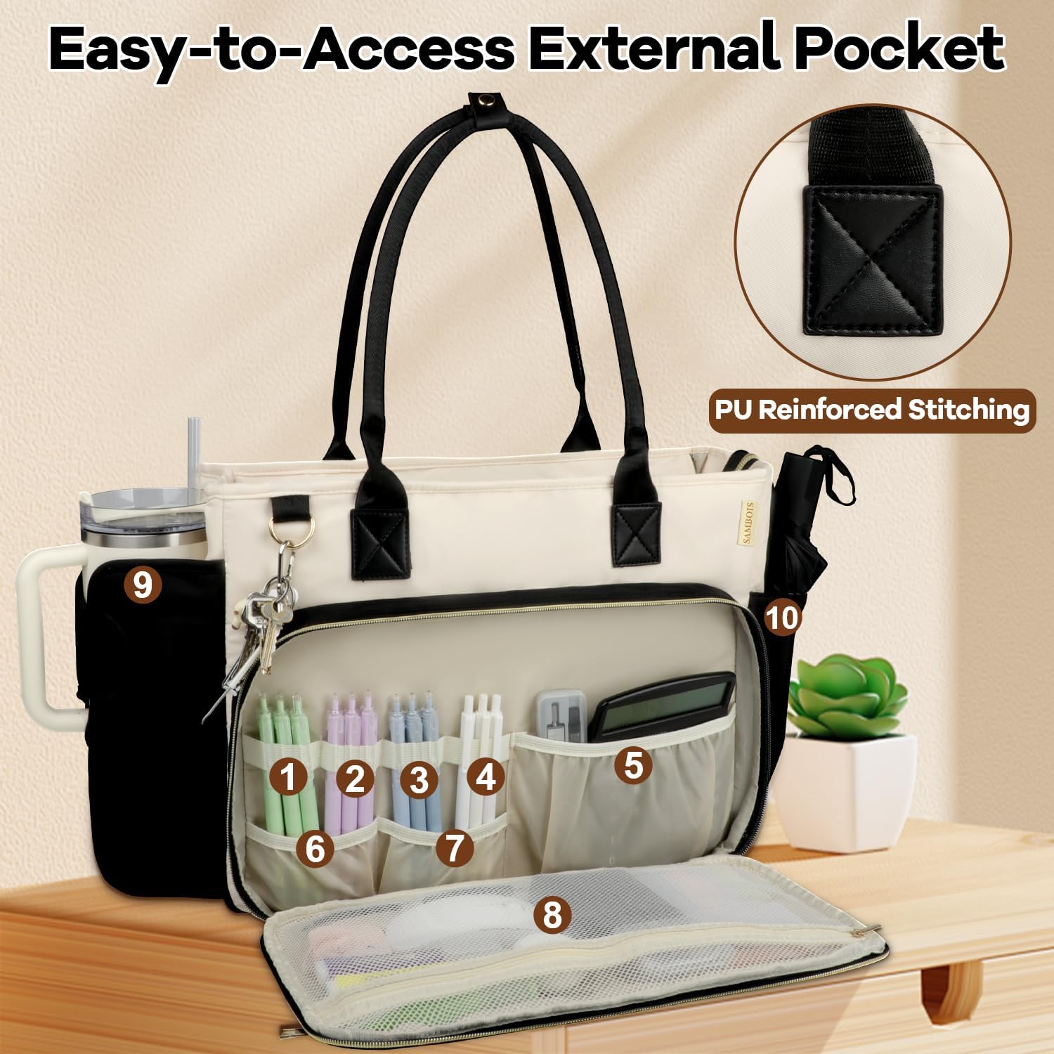 Teacher Tote Bag for Women with Large Cup Holder& 15.6 Inch Laptop Compartment, Utility Work Tote Bag with Internal Insulated Pocket for Office Supplies Teacher Essentials Business Travel