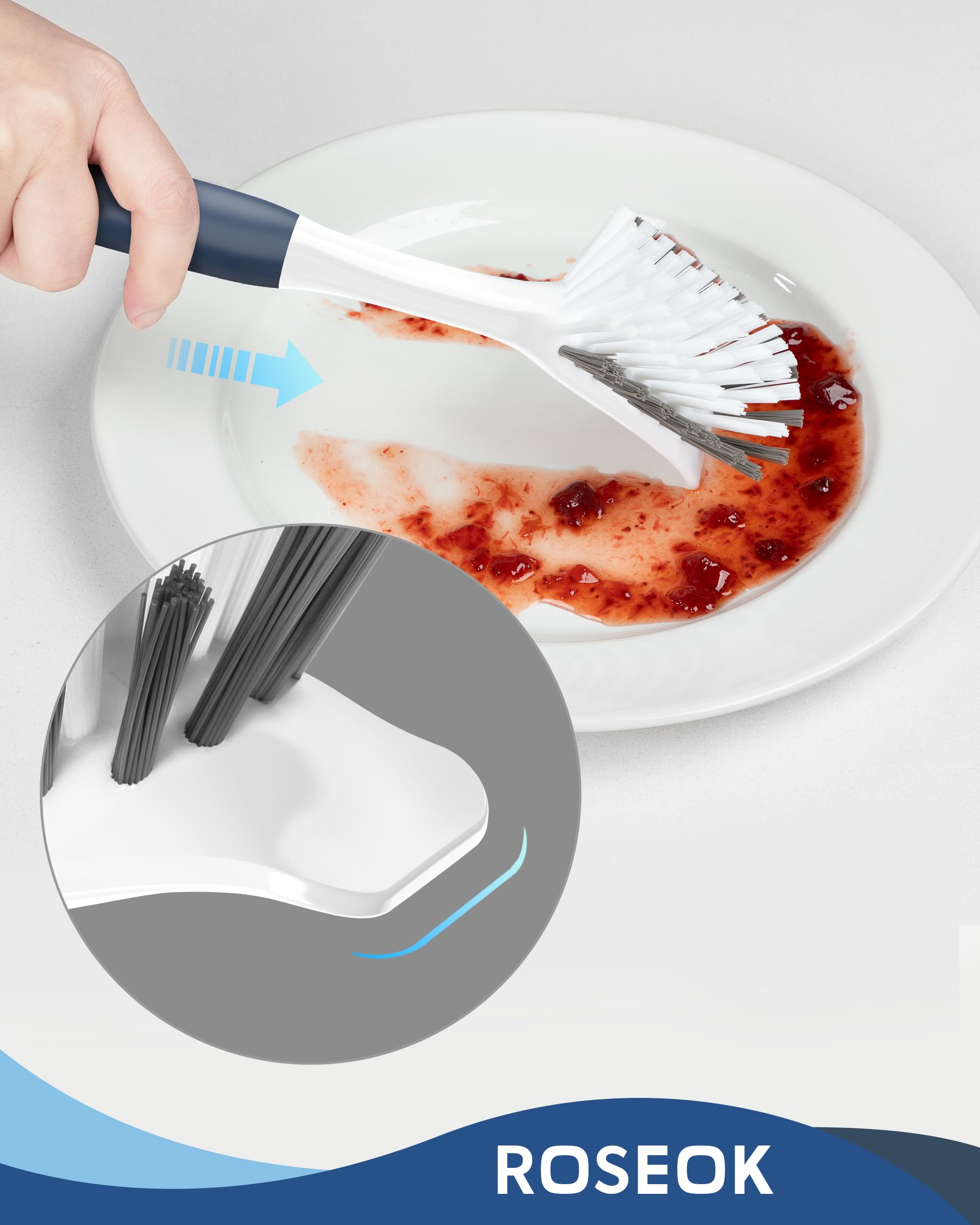 ROSEOK Paquete de 2 cepillos para platos de cocina con raspador para fregar manchas de alimentos, construido para limpiar platos, cocina, olla, fregadero, azul marino