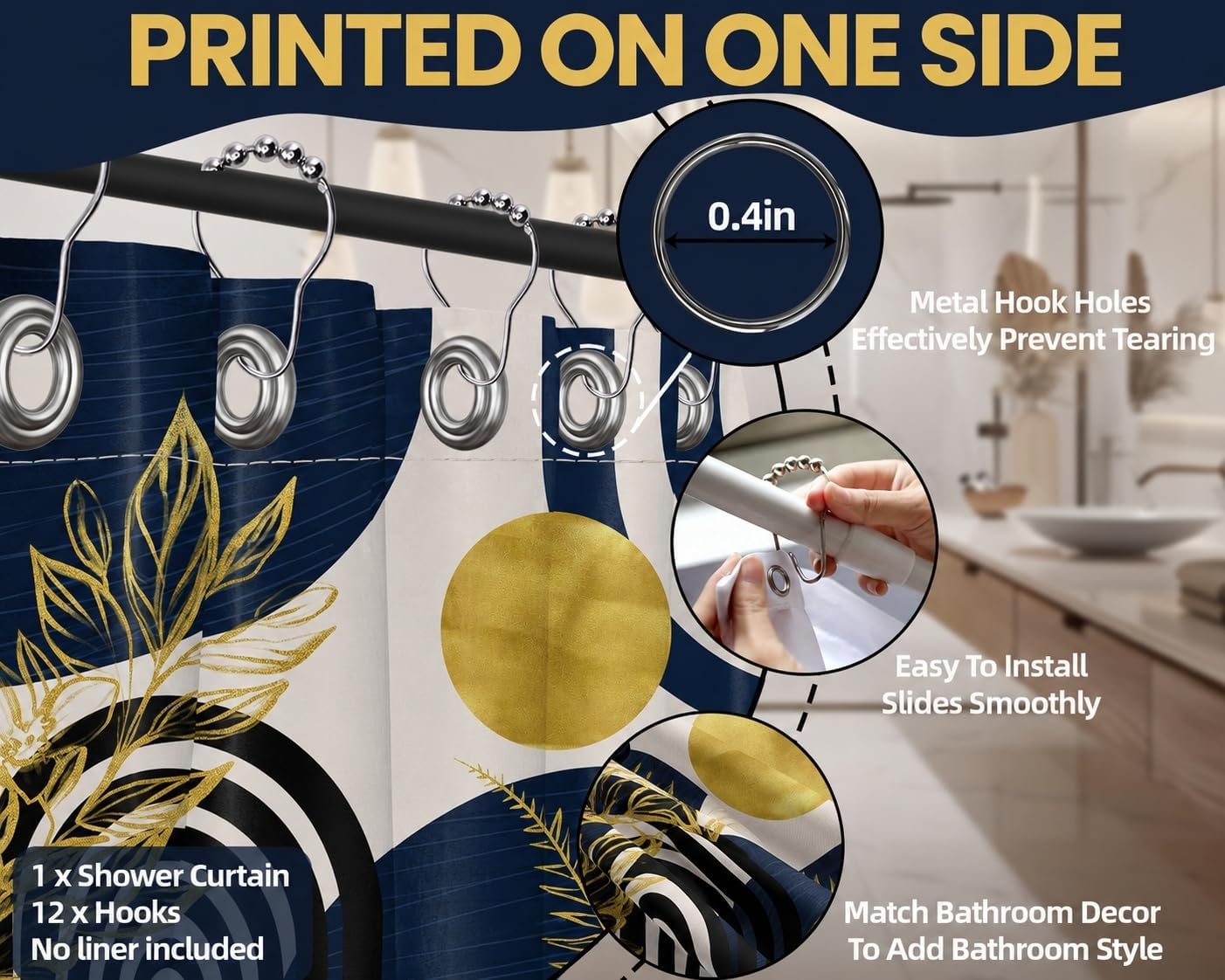 Navy Blue and Gold Shower Curtain, 72x72 in, Mid Century Modern