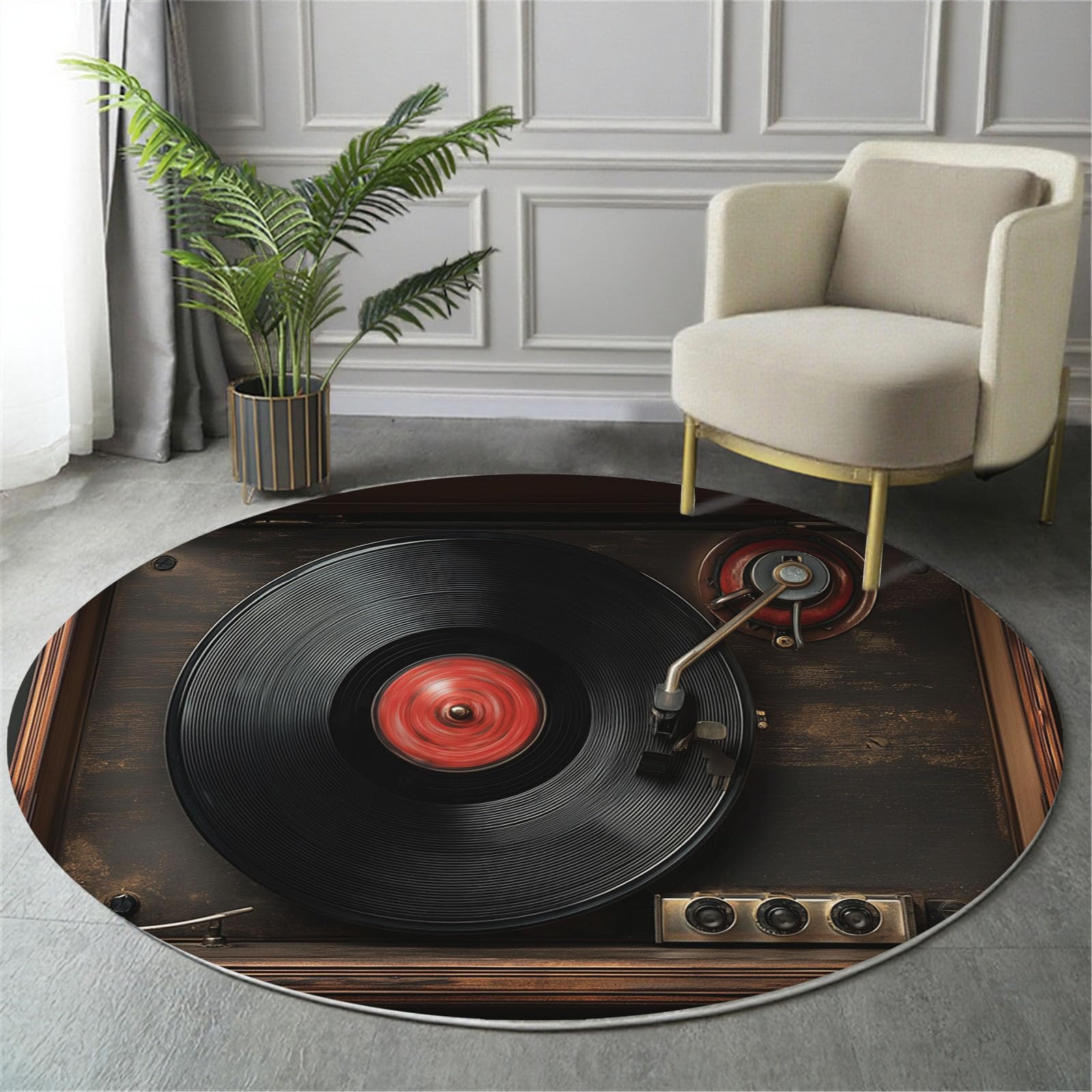 Tapis rond musique classique vintage 140cm tapis de chambre fluffy noir