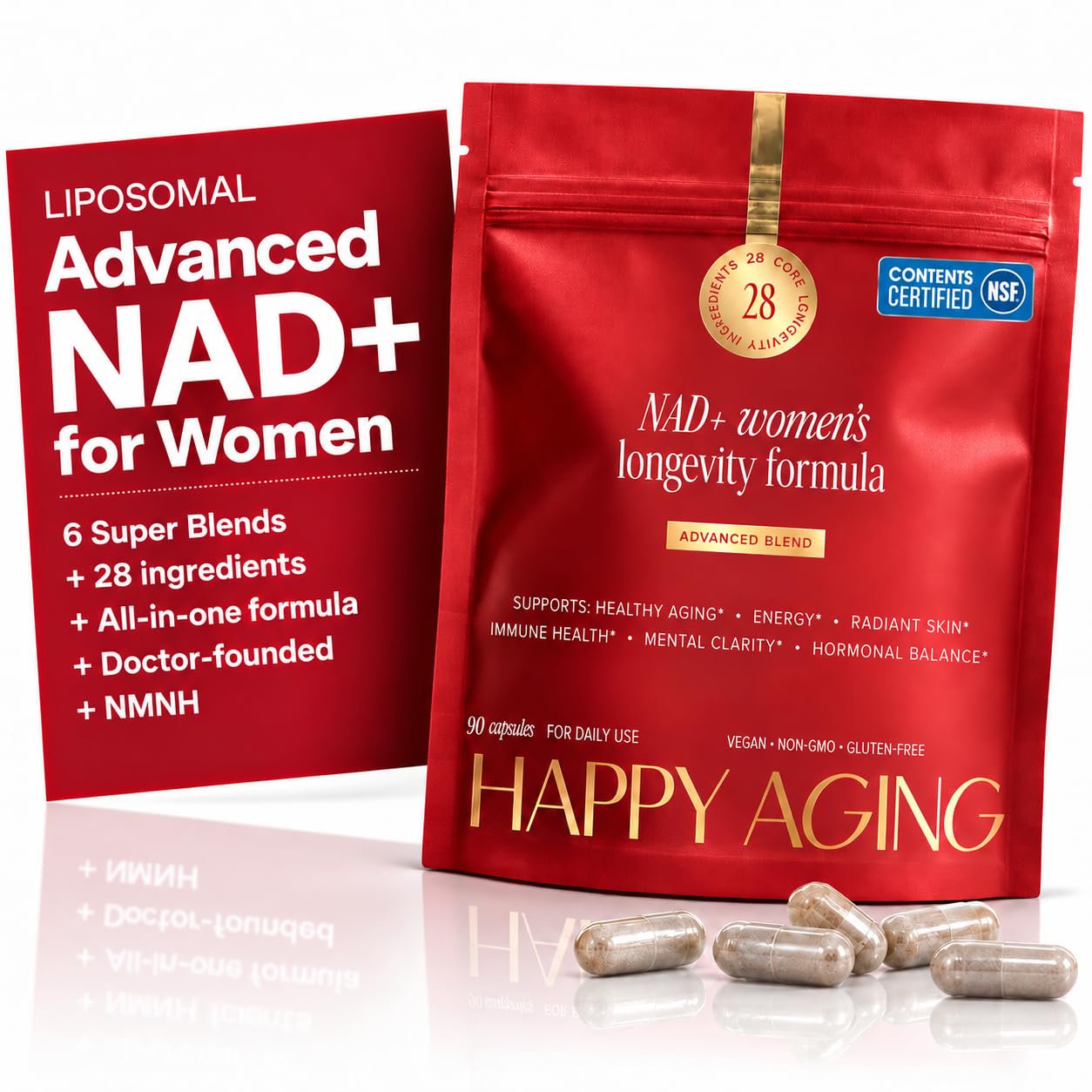 Happy Aging NAD+ Supplement for Women | NAD Booster with NMNH (Reduced NMN), NR, Resveratrol, CoQ10 – Supports Energy, Focus, Skin Glow & Daily Vitality, 30-Day Supply