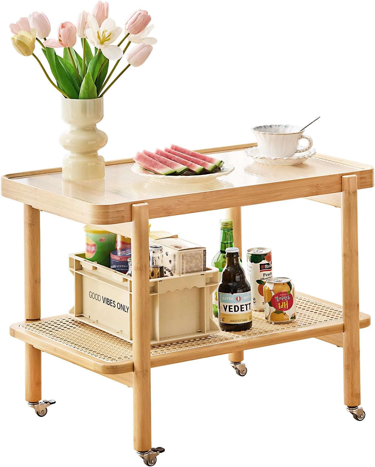 Tiita Bamboo Rattan Coffee Table with Wheels, Glass Top Rolling Nightstand, Boho Wooden End Table for Living Room, Bedroom & Small Space, Accent Furniture