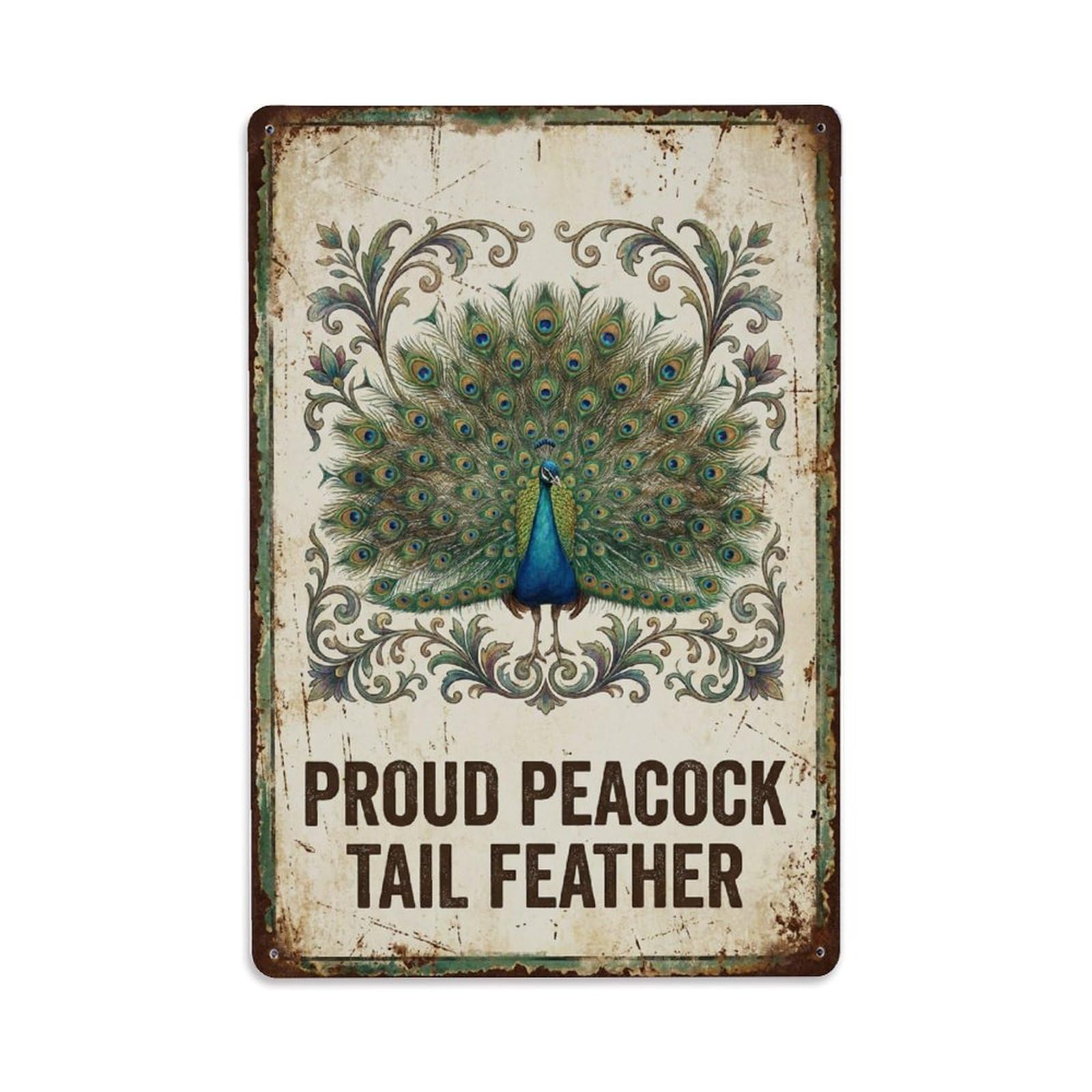 Fqnyr Style Proud Peacock Tail Feather Display Metal Tin Sign Plaque Wall Decor For Cafe, Club Bar, Office, Home Garden Metal Poster 8X12inch