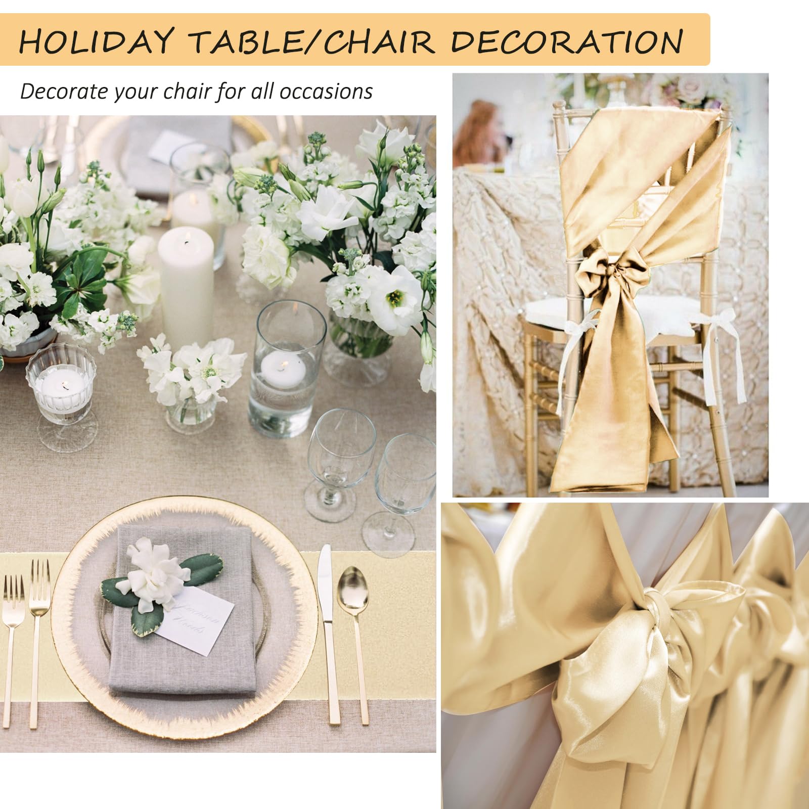Paquete de 50 Bandas de Satén para Decoración de Fiestas, Lazo en la Espalda, Pajarita de Satén Suave para Sillas de Bodas, para Marcos Arco Decoración Boda Banquete Fiesta (Beige)