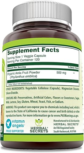 Miniatura 2 de Herbal Secrets Suplemento Amla  500 mg por porción  120 cápsulas vegetales  Hecho con amla natural  Suplemento  Sin OMG  Sin gluten  Fabricado en