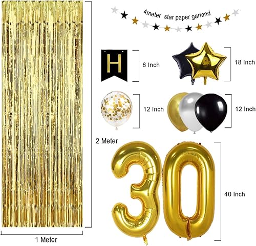 Miniatura 3 de Globo de decoración de cumpleaños número 30 en negro y dorado, globo de papel de aluminio del número 30, suministros de decoración de cumpleaños de