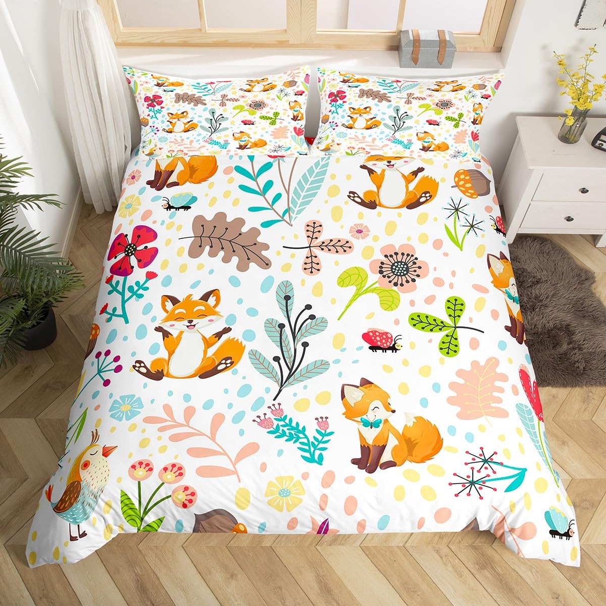 Erosebridal Fox & Rabbit Bedding Set - Woodland Animals Twin Duvet Cover & Pillowcase, Pink
