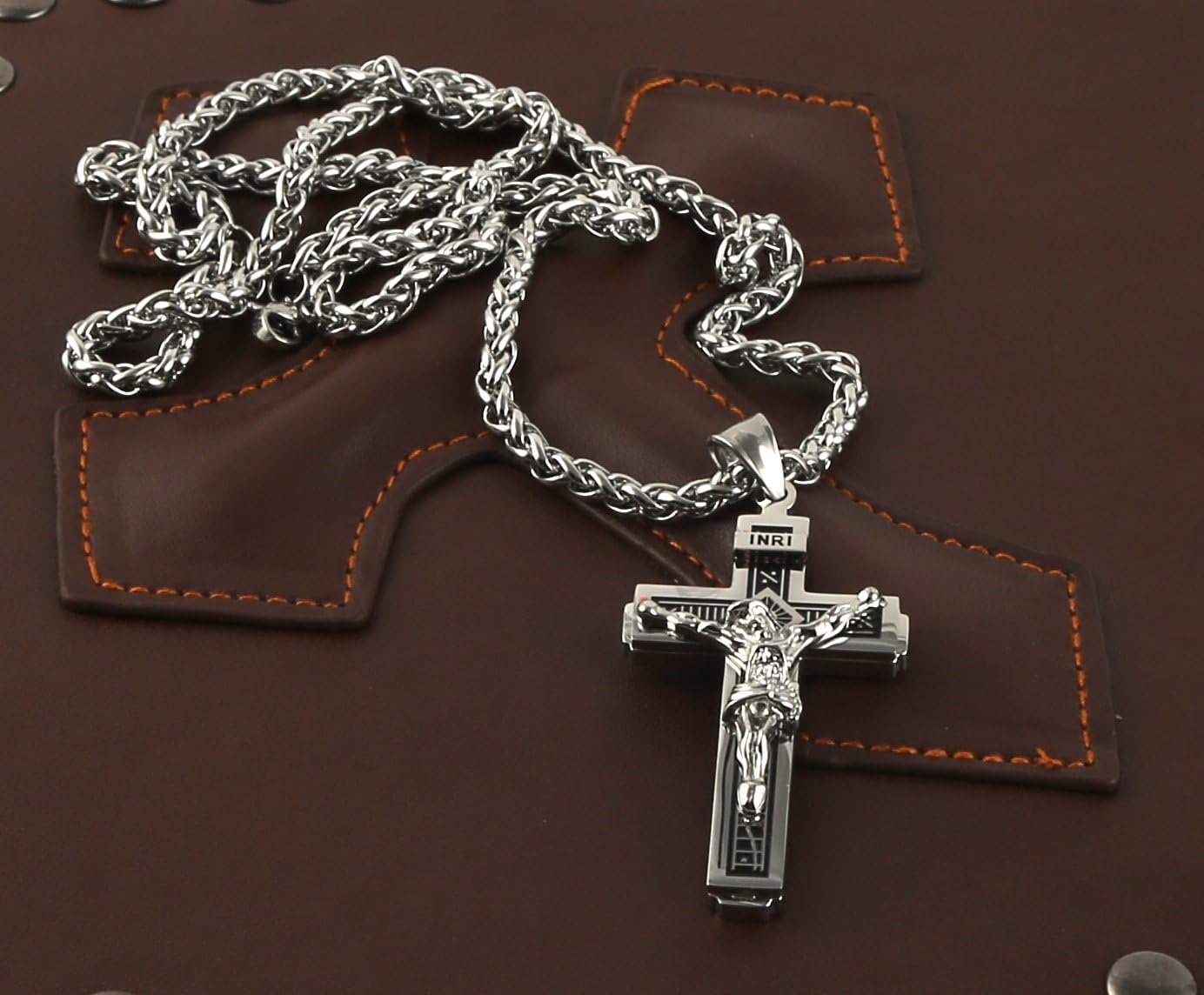 HZMAN Catholic Jesus Christ on INRI Cross Crucifix Gold Silver Tone stainless steel Pendant Necklace 22+2 Chain - Image 6