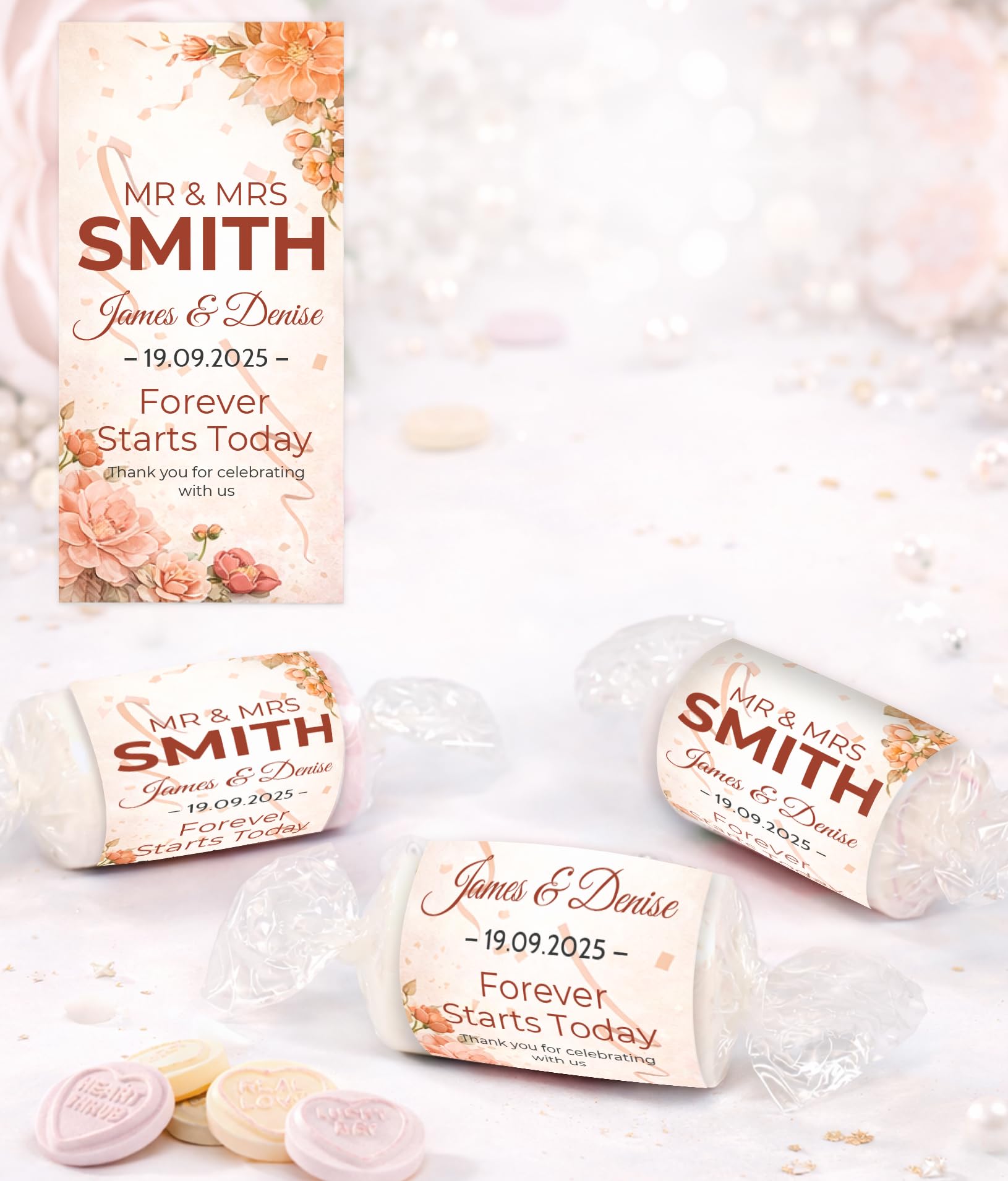 Personalised Wedding Favours Love Hearts, Custom Wrapped Wedding Sweets, Forever Starts Today, Mr & Mrs Favours UK (Warm Peach)