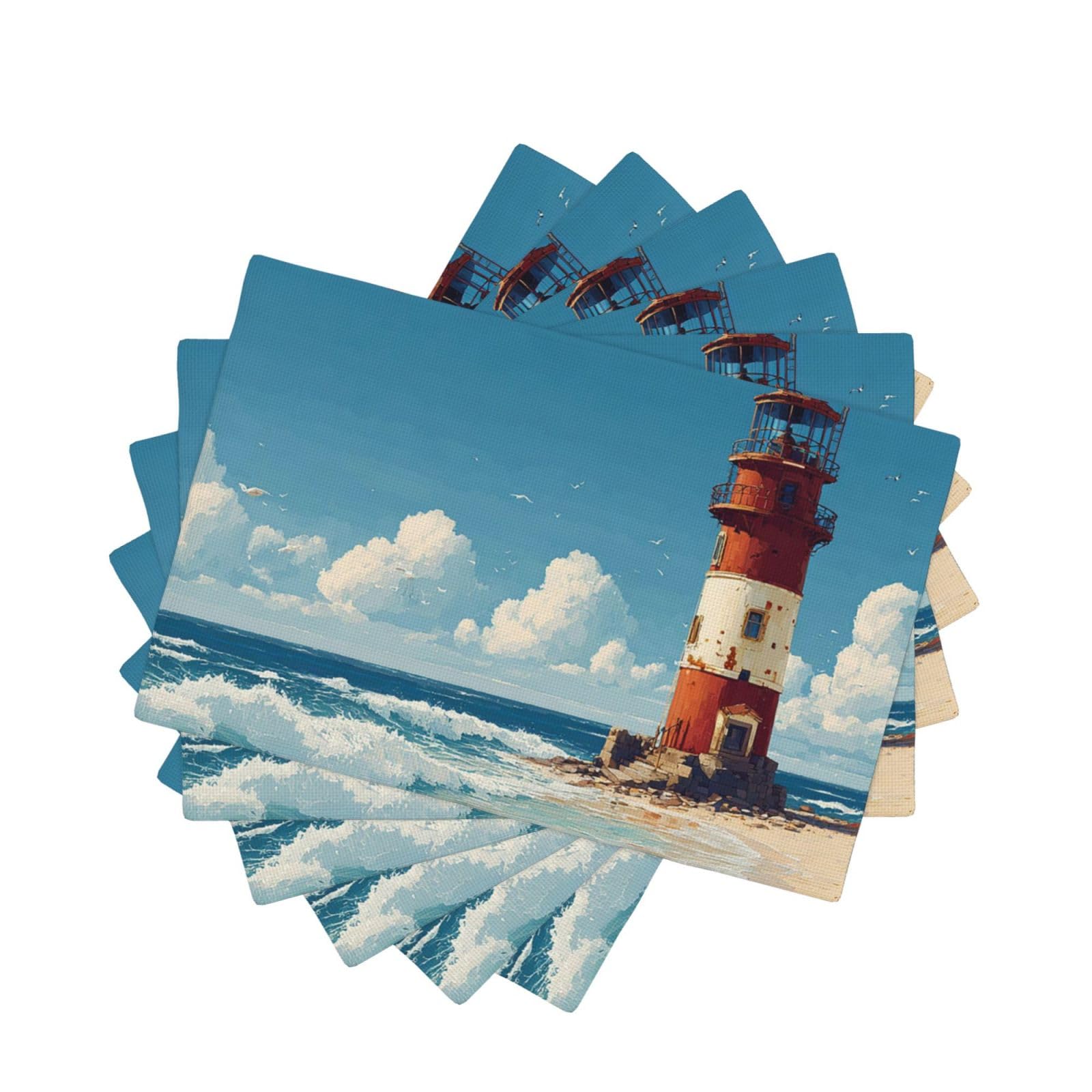 Placemats Set of One Size Washable Wipeable Table Mats Heat Resistant Weave Place Mats Sea Lighthouse Sandbeach Placemats Wrinkle Free Place Mats for Dining Table Party Holiday 30 x 45 cm