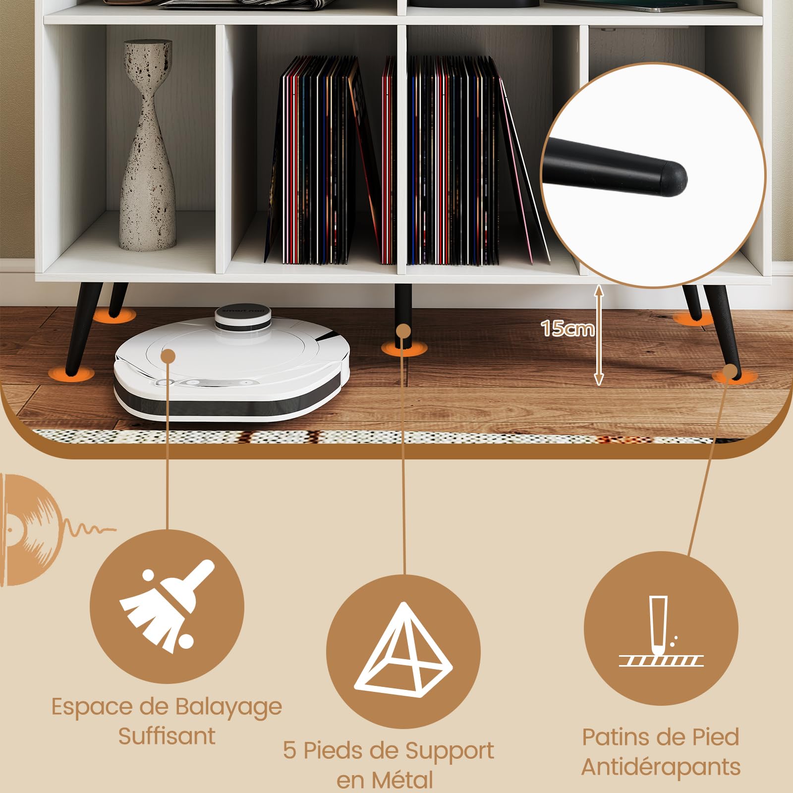 COSTWAY Meuble Rangement Vinyle pour Albums, 6 Compartiments, Rangement CD DVD Manga, 5 Pieds en Métal, Support pour Tourne-disque, Meuble Hifi, Bibliothèque Basse (Blanc,Avec prise)