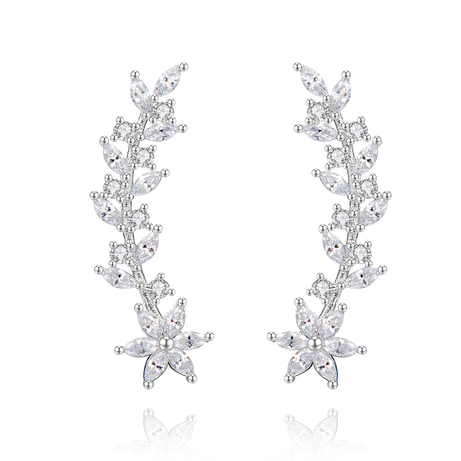 Sterling Silver Flower Leaf Ear Crawler Bridal Earrings Ear Climber for Women, 14k Gold Plated Bride Earrings Wedding Earrings Jewelry for Bridesmaids