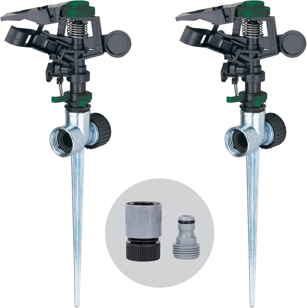 Melnor 65176AMZ Juego de aspersores pulsantes, paquete de 2, agua hasta 85 pies. Diámetro, base con púas metálicas, paquete de conexión rápida, negro, verde
