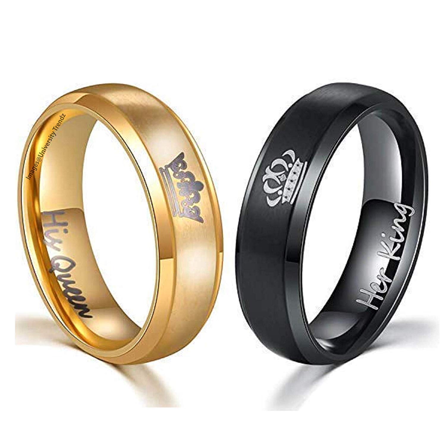 Univ Trendz 2PCS Her King His Queen Black and Gold Titanium Stainless Steel Couple Rings for Men & Women (Please select Men & Women Pair Size from Style Option)