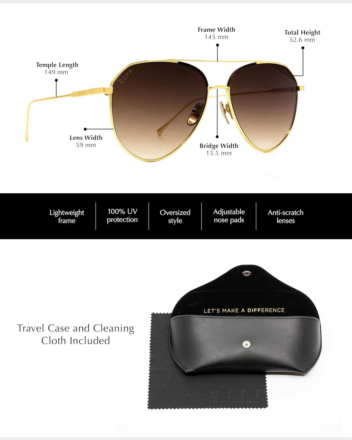 DIFF Dash Designer Oversized Aviator Sunglasses for Women UV400 Protection