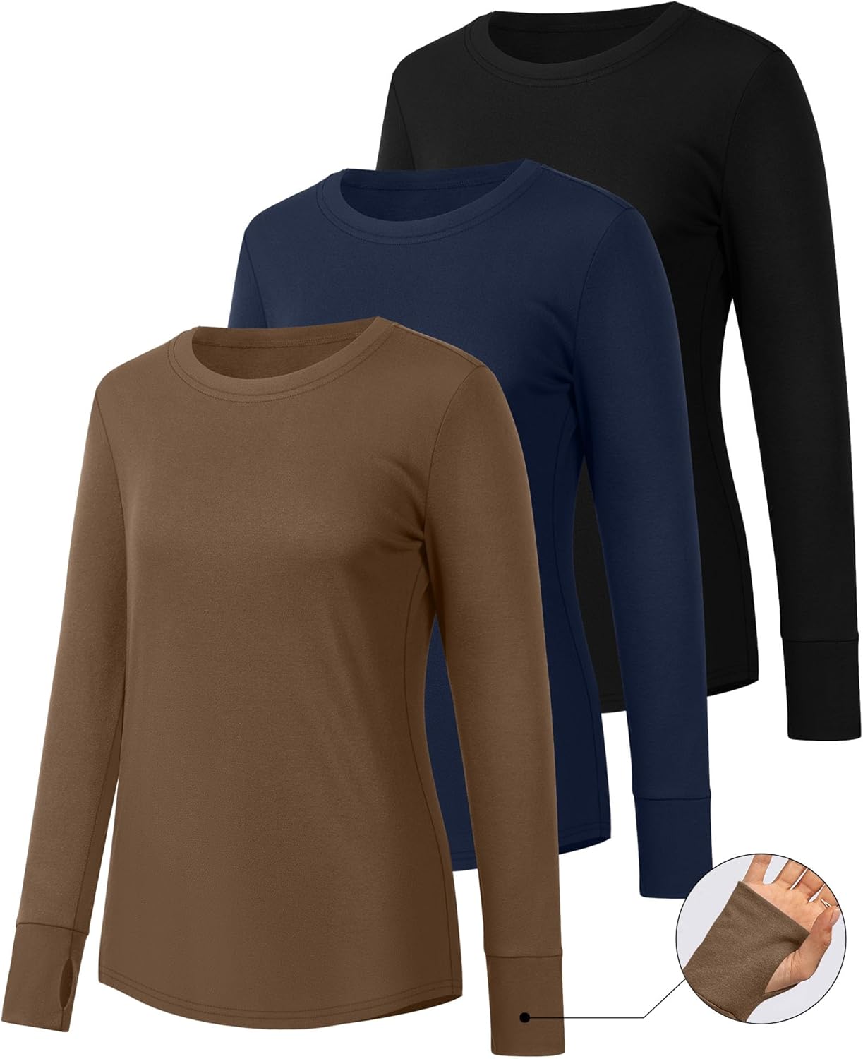 Huukeay 3 Pack Women's Long Sleeve Shirts with Thumb Holes, Cotton Casual Crew Neck Tunic Tops Fall Loose Y2k Trendy Outfits - Image 3