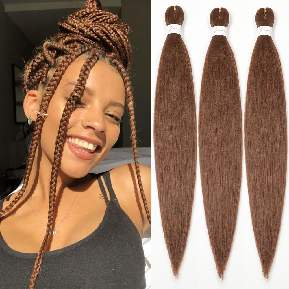 Brown Braiding Hair 26 Inch Pre stretched Braiding Hair Extensions Yaki Braids Hair Hot Water Setting Synthetic Hair Colored Braiding Hair Pre stretched Crochet Hair(26Inch,3 Packs,30#)