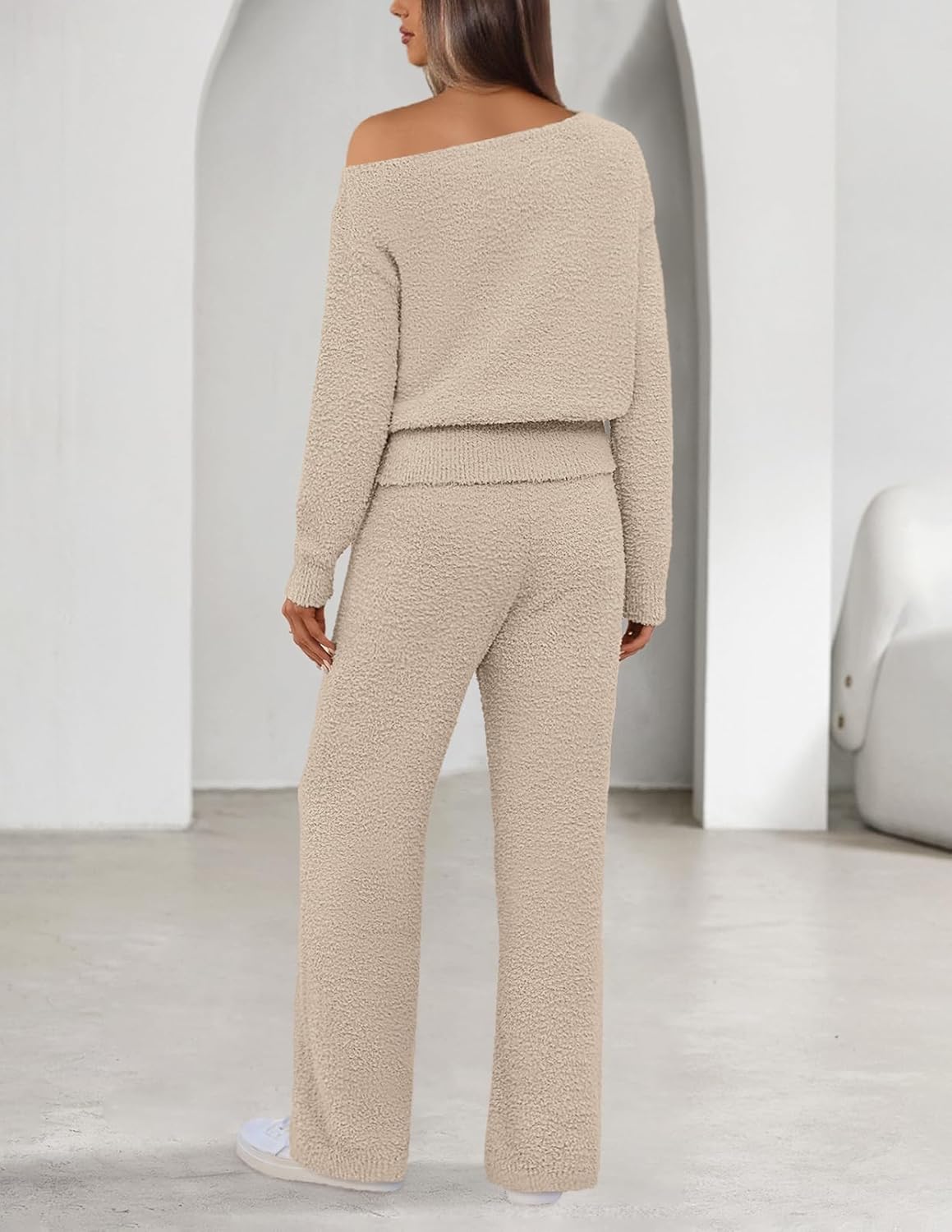 MEROKEETY Women's Fall Pajama Set Fuzzy Fleece 2 Piece Loungewear Off Shoulder Sweater Tops Wide Leg Pants Matching Outfits - Image 4