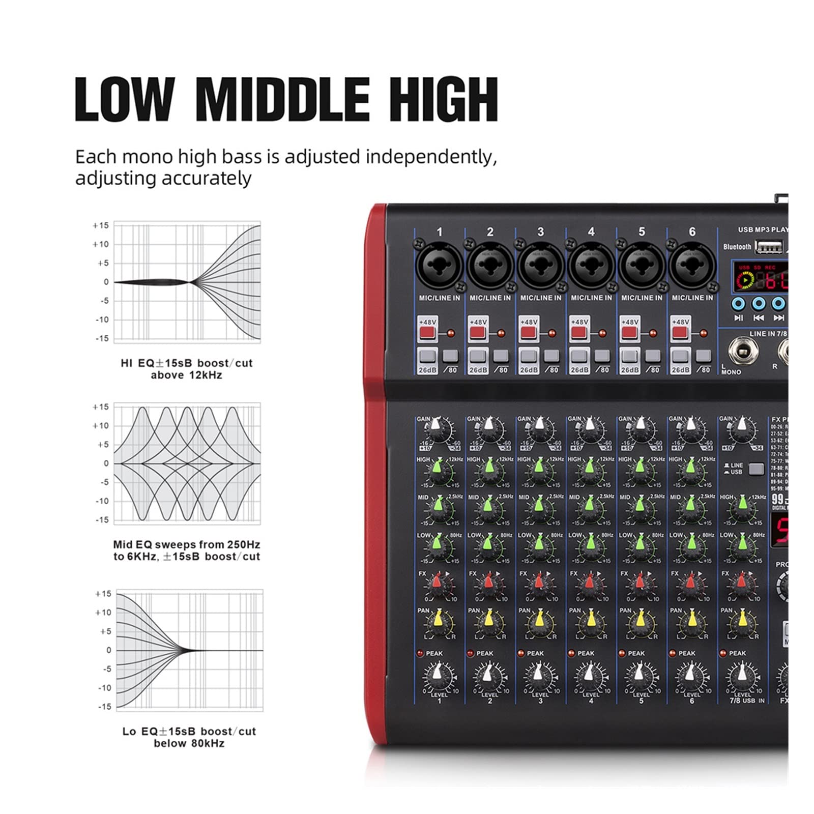 DJ-Audiomixer 8-Kanal-Mixer-Schnittstelle for DJ-Mischpult-Controller-Aufnahmestudio mit 99 DSP-Digitaleffekten