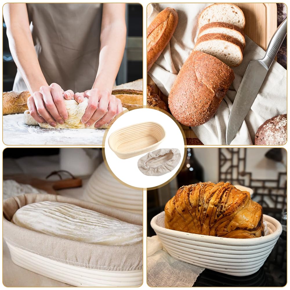 Lot de 2 paniers à pain ovales en rotin naturel de 25 cm, panier de levain avec doublure en tissu de lin, kit d'outils professionnels pour la fabrication de pain au levain