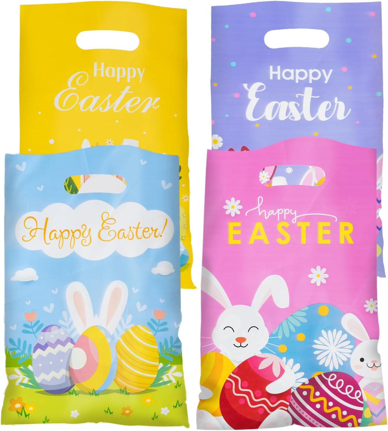 100Pcs Easter Goodie Bag Plastic Treat Bag with Handle Egg Bunny Gift Bags Colorful Goodie Bags for Easter Party Favor Supplies Classroom Gift Exchange