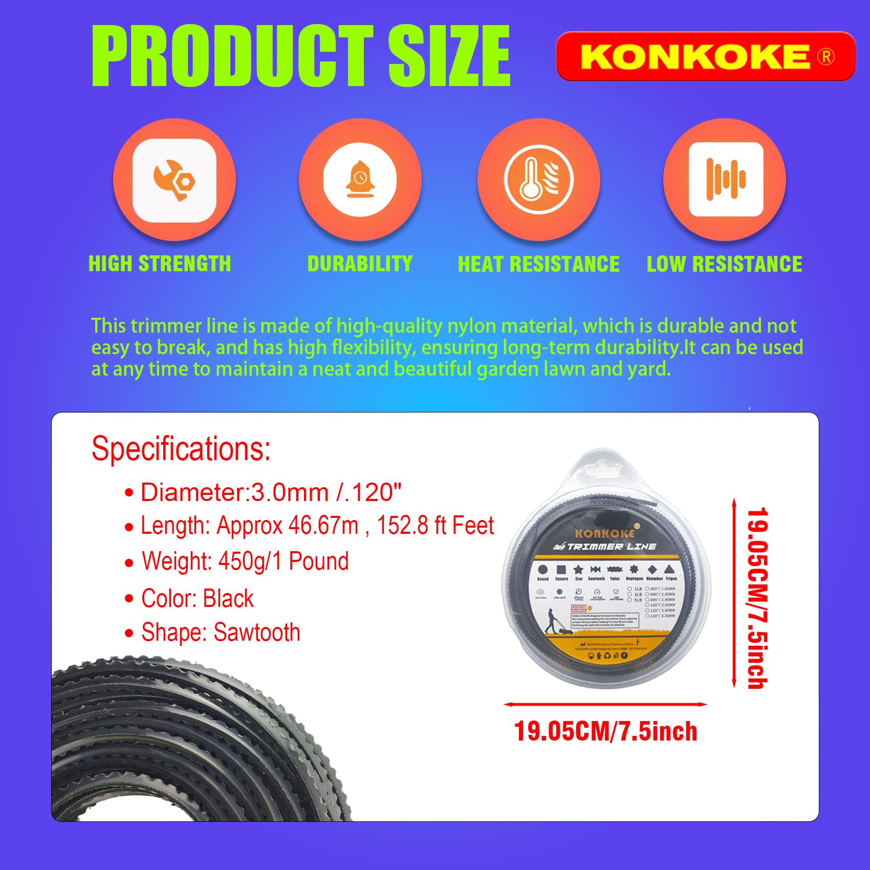 Generico Filo Dentellato per decespugliatore3,0mm,Filo dentato Universale in Nylon per decespugliatore e Tosaerba-Filo decespugliatore 3 mm seghettato【Nero/Seghettato】 3.0mm-PRO 450g