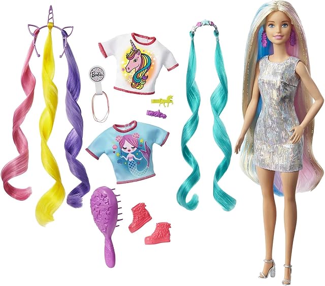 Barbie Fantasy Hair Doll, Blonde, 2 Decorated Crowns, 2 Tops & Accessories for Mermaid and Unicorn Looks, Hairstyling Pieces, Kids 3 to 7 Years, GHN04