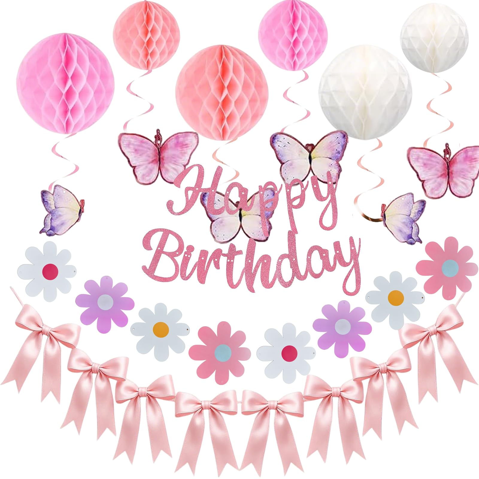 Pink Birthday Decorations Kit Happy Birthday Banner with Honeycomb Ball Butterfly Hanging Swirl Streamer Flower Garland Pink Bow Garland Banner