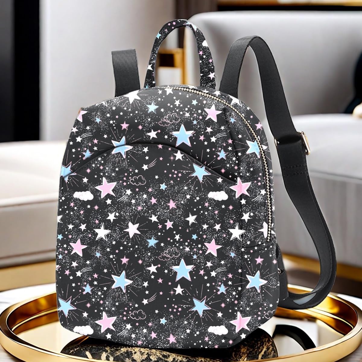 Glittery Stars and Clouds Printed Backpack with Adjustable Straps, Black, Pink and Blue - Image 9