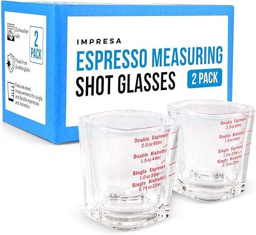 IMPRESA Paquete de 2 vasos de chupito de espresso, vidrio rojo de 2 onzas, aptos para lavavajillas y vidrio grueso resistente al calor, taza