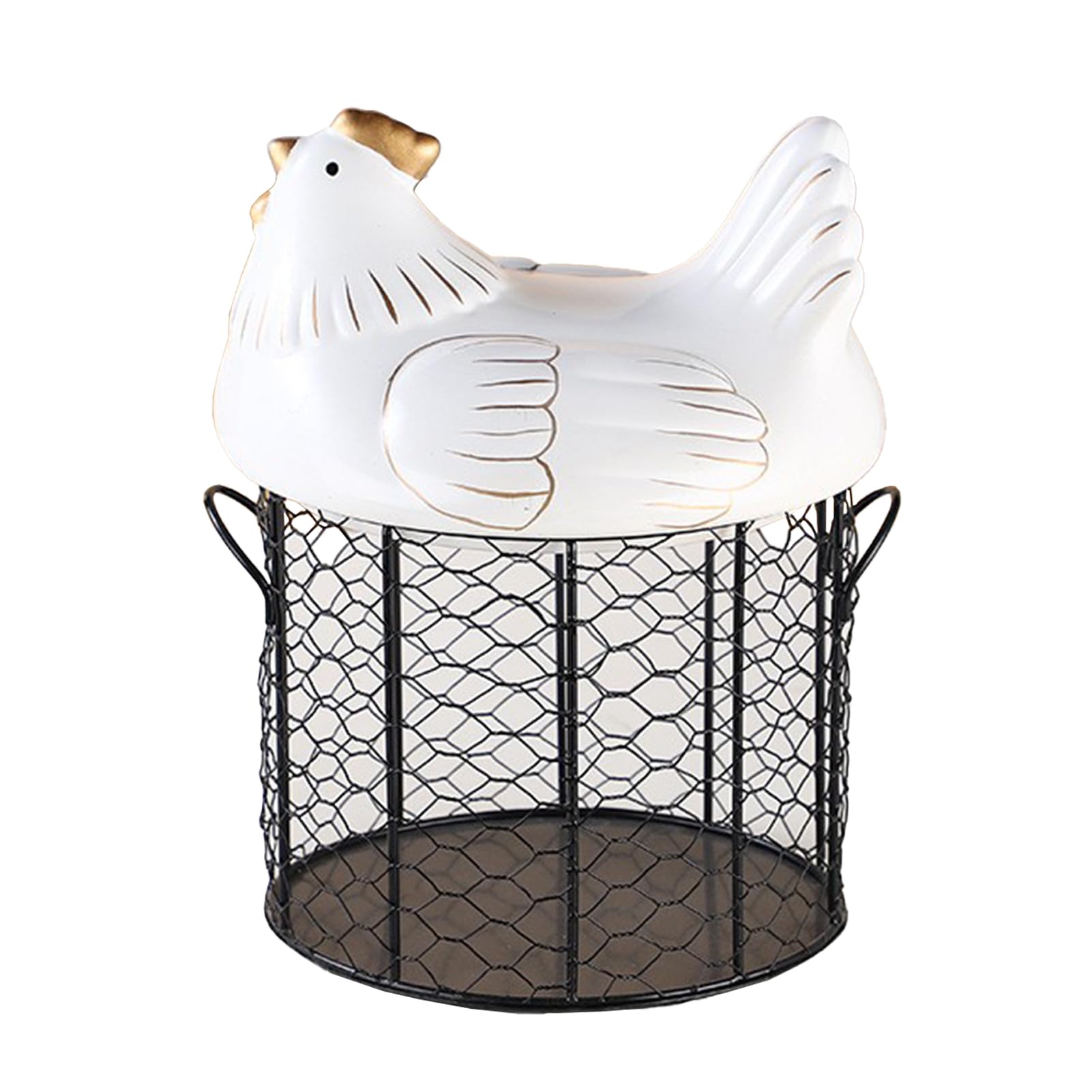 Metal Wire Chicken Egg Basket Fresh Egg Holder with Ceramic Chicken Lid Egg Collection Basket Farmhouse Countertop Egg Holder Container Kitchen Supplies(White)