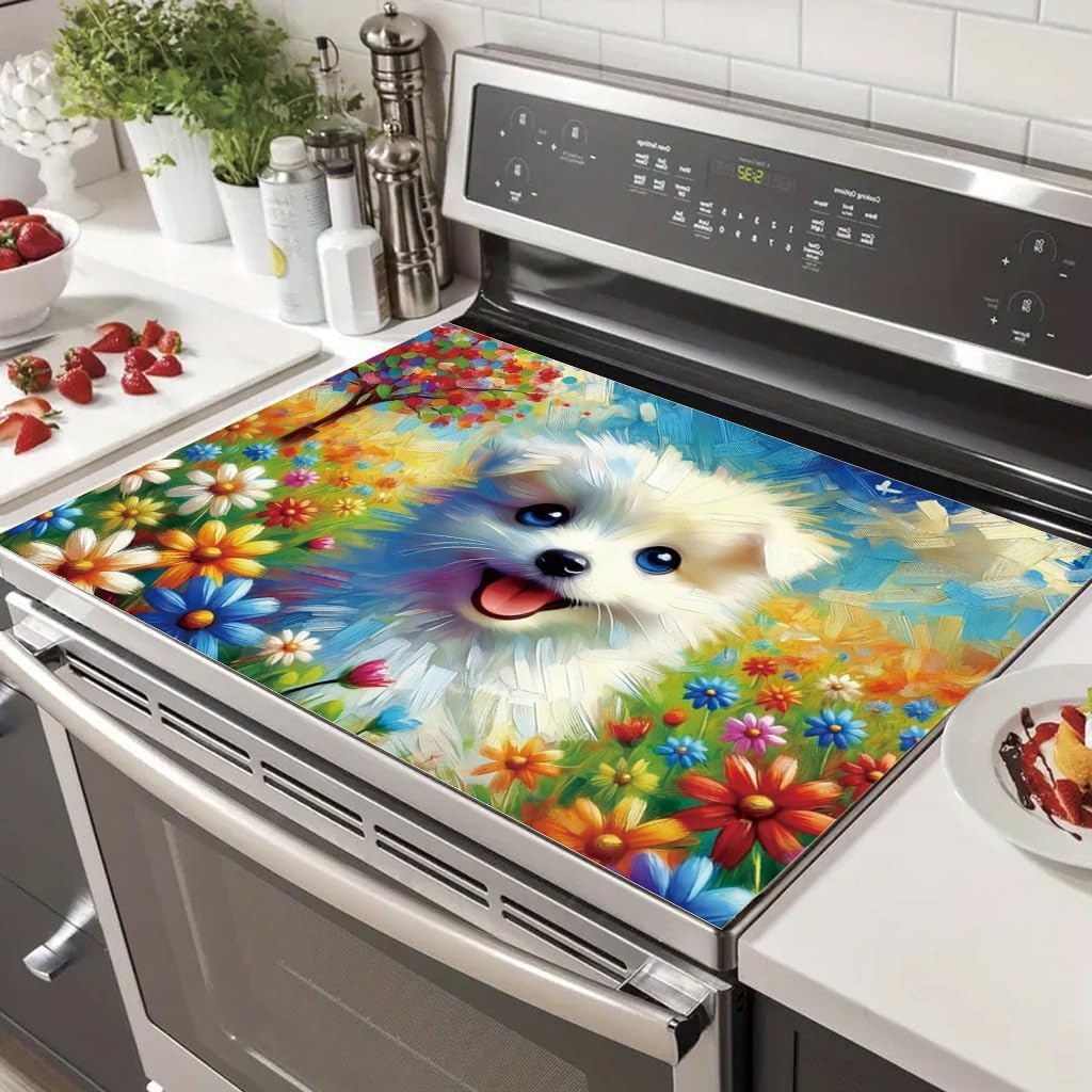 2D Flat Stove Top Cover Protector 28 x 20 Inch Glass Cooktop Cover Cartoon Dog and Flower Garden Design Counter Mat Kitchen Decor Electric Stove Cover Space Saver
