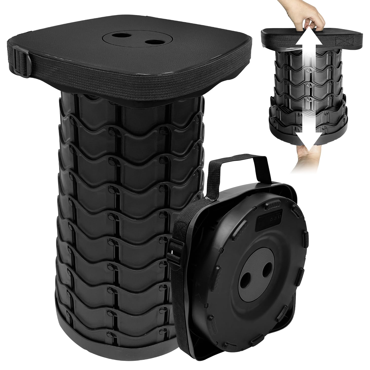 Socpuro Collapsible Stools Folding Chair, Upgrade Square Telescoping Stool, Portable Retractable Stool Foldable Stools for Camping Gardening Fishing Hiking BBQ (Black)