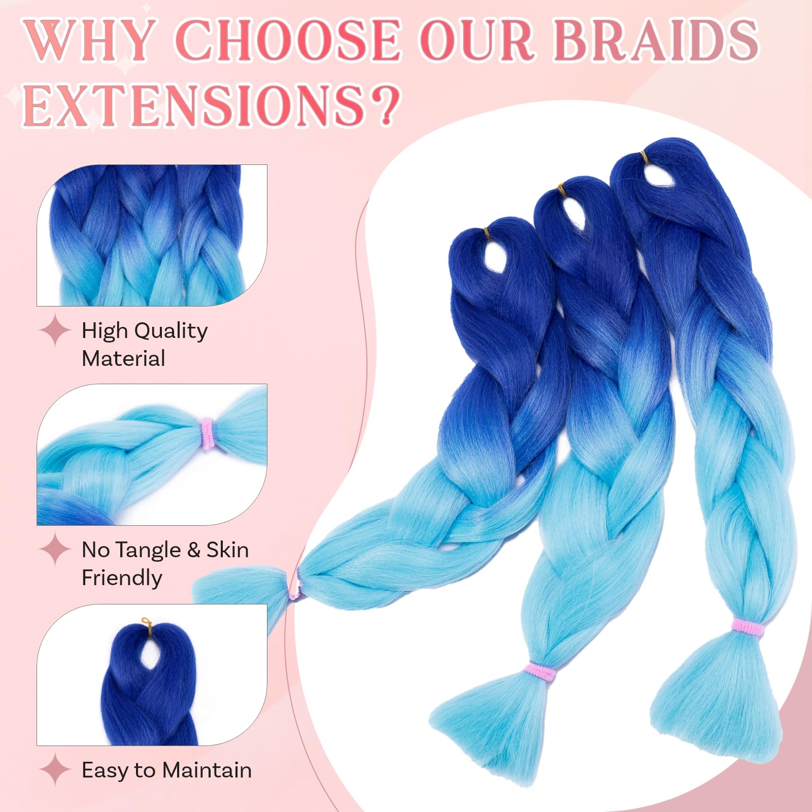 SEGO Pro Braiding Hair Extensions 24 Inch Yaki Synthetic Jumbo Box Braid Hair for Crochet Twist Braids for Women Pack of 3 (Dark Blue to Light Blue) - Image 4