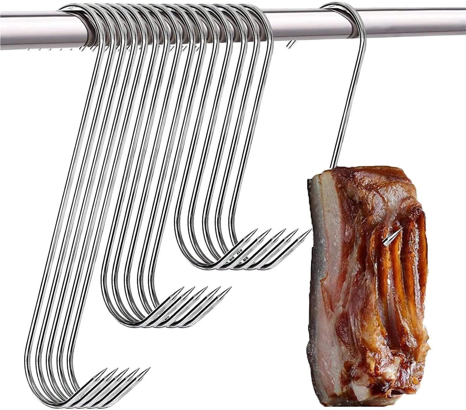 100 ganchos en forma de S de acero inoxidable con punta afilada for colgar utensilios de carne, ropa y carnicería, utensilios de cocina y repostería. Para Carnes(15cm)