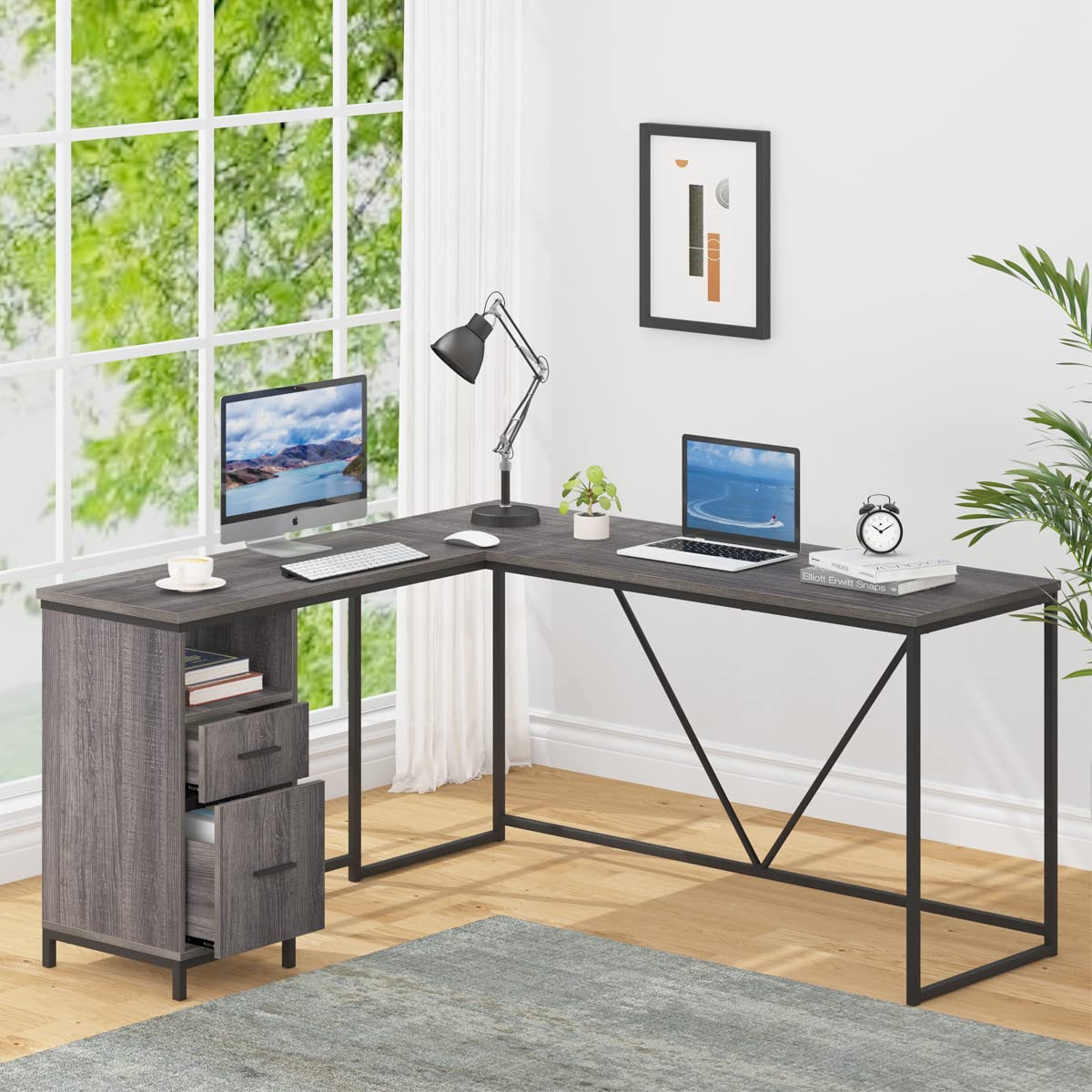 HSH L Shaped Computer Desk with Drawers Shelves for Storage, Rustic Wooden and Metal Home Office Desk, Reversible Corner Desk, Industrial Modern Work Writing Study Table Workstation, Grey 59 x 55 Inch