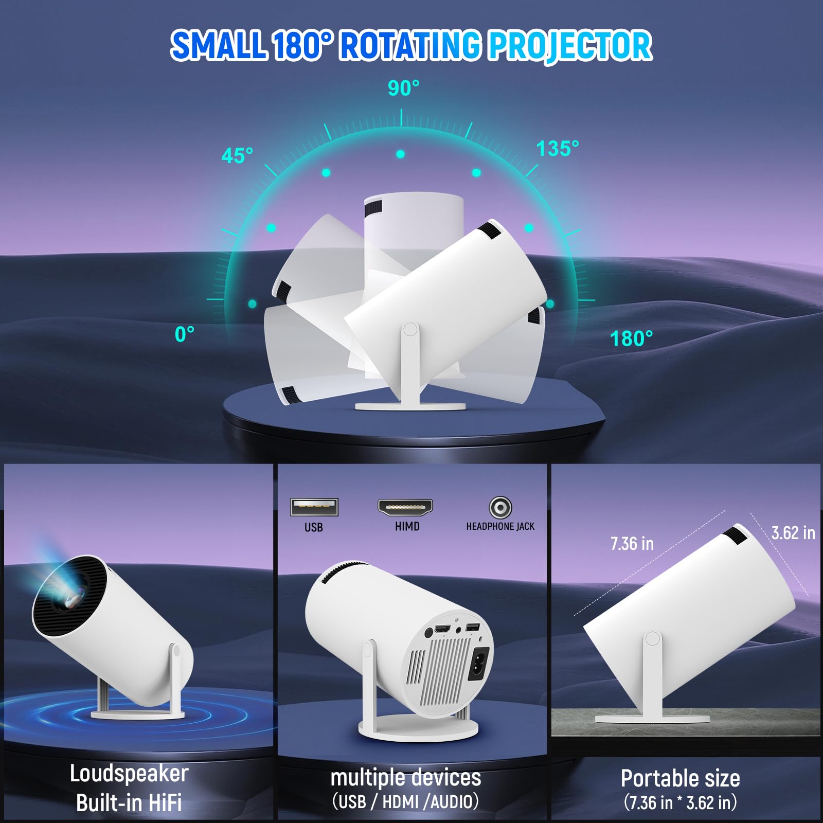 Videoprojecteur avec Android 11 Mini Projecteur WiFi 6 Bluetooth Retroprojecteur 4k 120 ANSI Lumens Projecteur Video Compatible Telephone/TV/HDMI/USB Rotatif à 180°