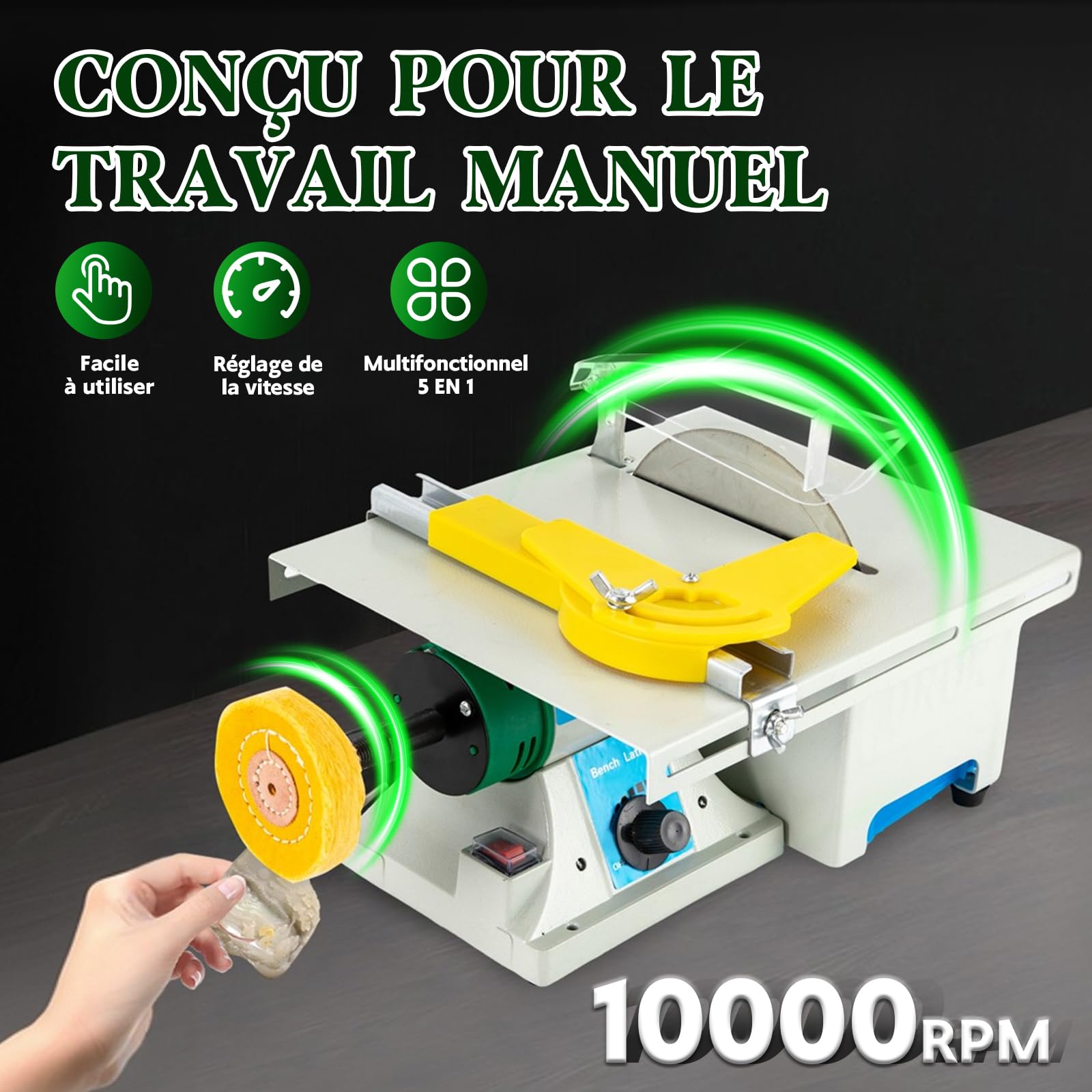 Polisseuse 5 en 1 - Scie circulaire de table - Petite polisseuse 800-10000 tr/min - 750 W - Jade électrique - Polisseuse de table et scie de table avec lames pour polissage/coupe/polissage