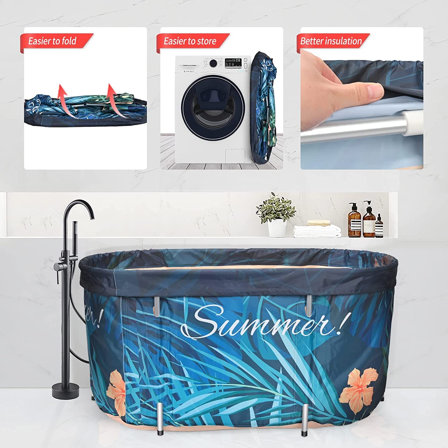 vasca da bagno portatile adulti 120x57x57cm, pieghevole con copertura termostatica, Bagno di ghiaccio 2 fori di drenaggio (10 sacchetti da bagno)