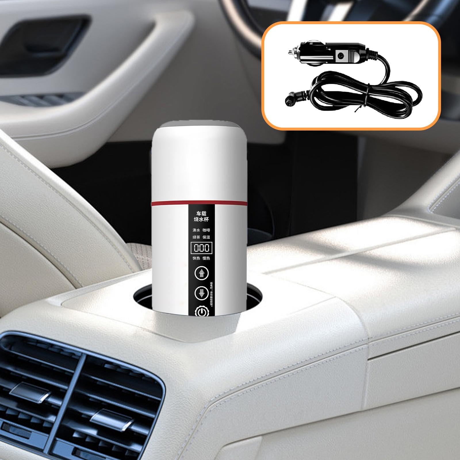 Bouilloire Voiture Électrique Tasse Chauffante Gourde INOX Affichage LED Maintien Température Pratique Adaptée Randonnée Camping Travail, Blanc