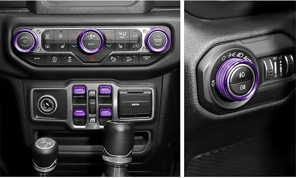 Jimen Fit for Jeep Wrangler JL JLU 2018-2025 & Gladiator JT 2020-2025, 8PCS Window Button Trim & Audio Volume Radio Knob AC Control Ring Air Conditioning Knob & Headlight Switch Knob Cover Purple