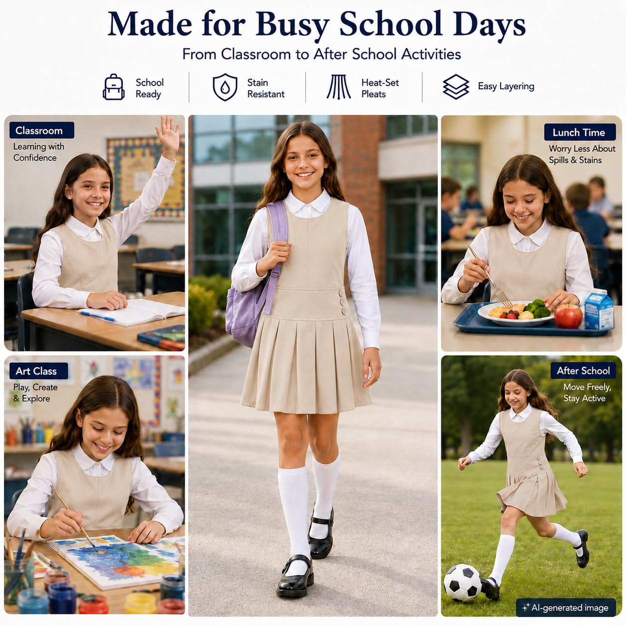 Bienzoe Jersey de uniforme escolar para niñas: vestido elástico plisado duradero para niños hasta la rodilla sin mangas