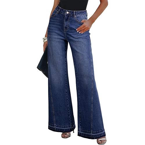 Dokotoo Jeans for Women Casual High Waisted Wide Leg Denim Pants Baggy Raw Hem Flare Jeans with Pockets